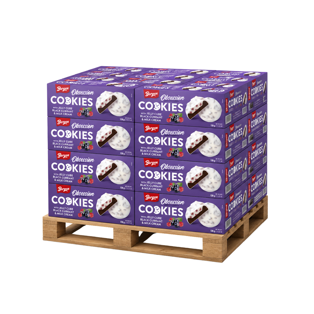 BERGEN COOKIES JELLY CUBE BLACK CURRANT & MILK CREAM PALLET DEAL 80 x 18 x 128g