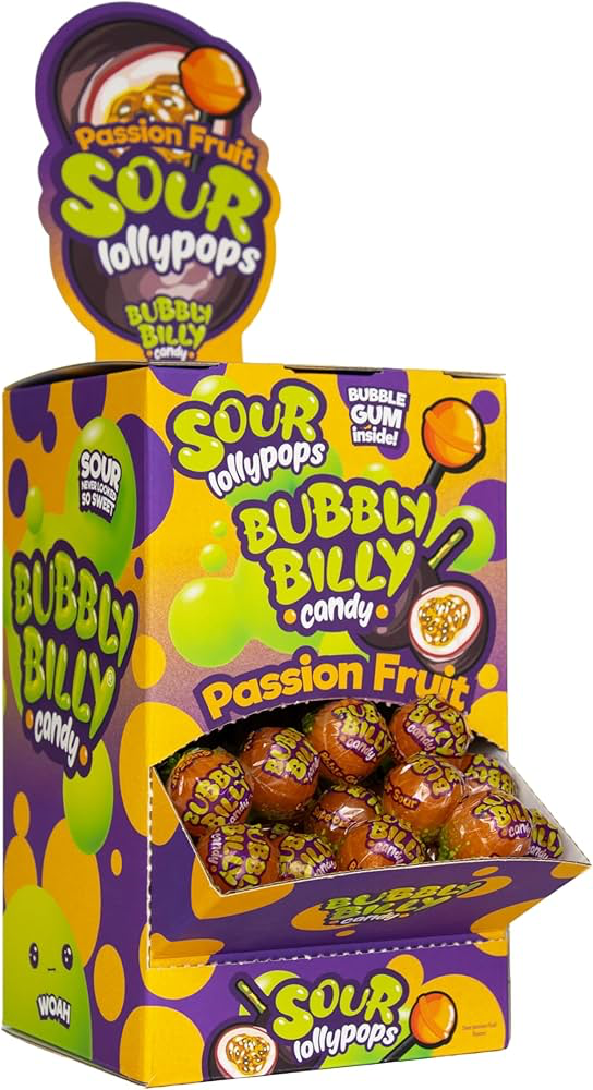 BUBBLY BILLY LOLLYPOPS PASSION FRUIT 100 x 17g