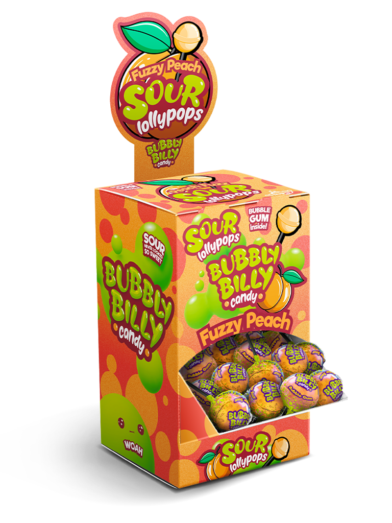 BUBBLY BILLY LOLLYPOPS FUZZY PEACH 100 x 17g