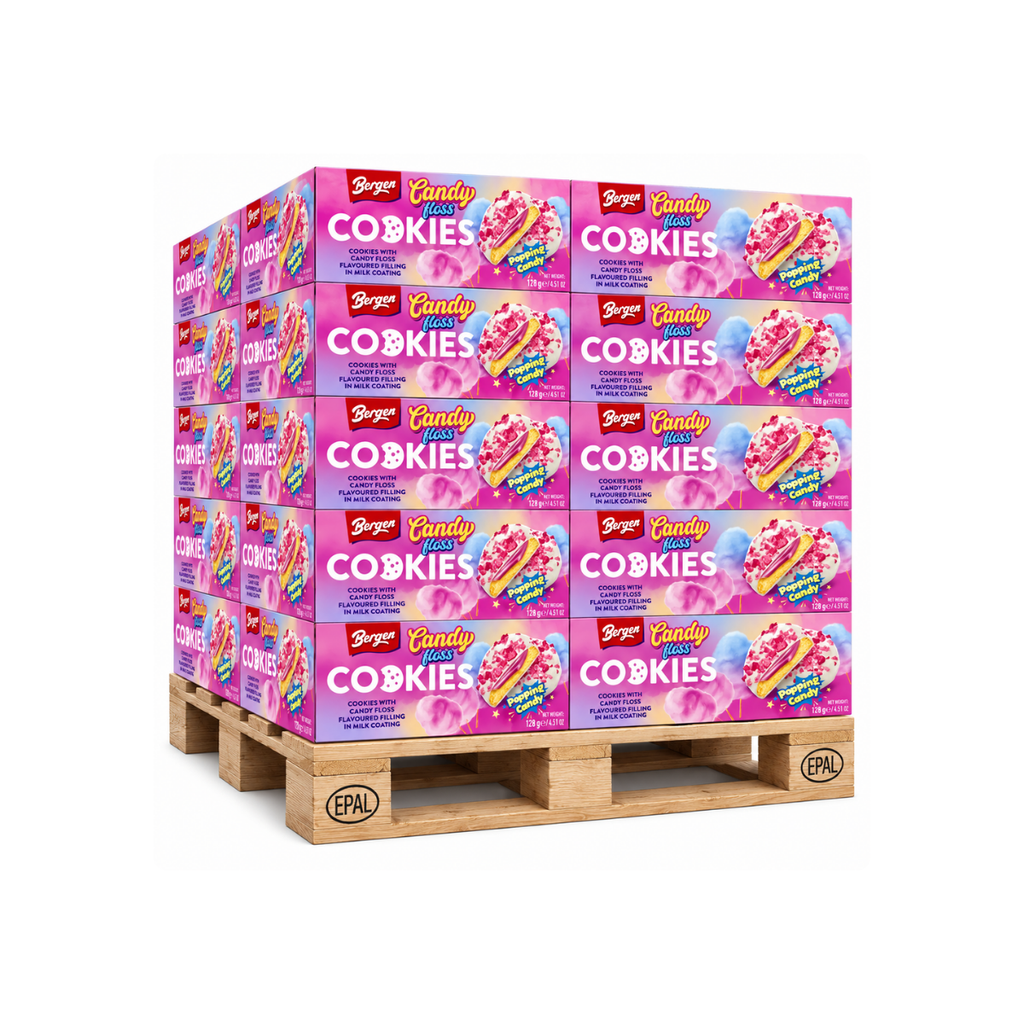 BERGEN OBSESSION CANDY FLOSS POPPING CANDY PALLET DEAL 90 x 18 x 128g